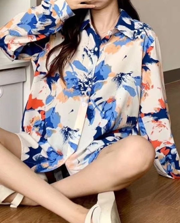 Printed oversized shirt blue flower