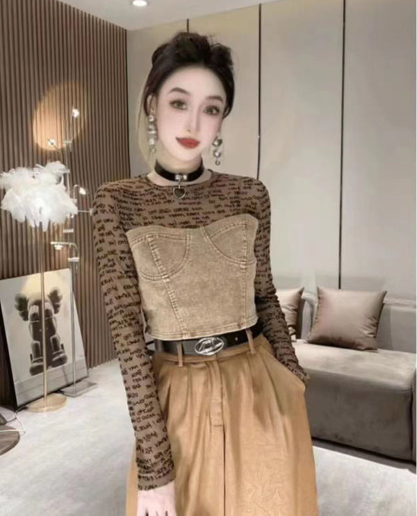 Printed mesh detail denim corset top brown